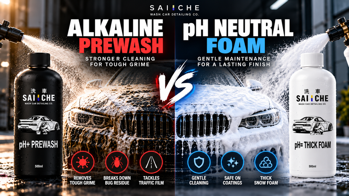 SAI CHE alkaline prewash vs pH neutral foam comparison featuring pH+ PREWASH and pH= THICK FOAM cleaning a car with different foam treatments.