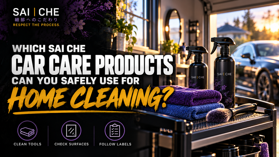 SAI CHE cleaning bottles beside microfiber towels and a detailing brush in a home utility area.