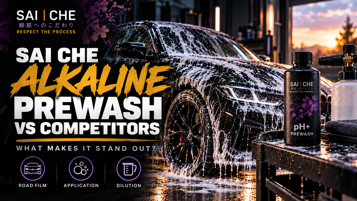 SAI CHE alkaline prewash bottle beside a foam-covered car, with the headline “SAI CHE Alkaline Prewash vs Competitors.
