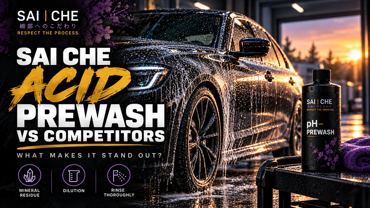 SAI CHE acid prewash bottle beside a wet car, with the headline “SAI CHE Acid Prewash vs Competitors."
