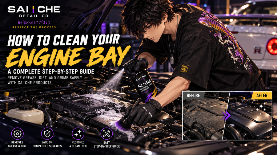 Engine bay cleaning with SAI CHE ALL CLEAN multipurpose cleaner and a soft detailing brush removing grease and grime from car engine components.