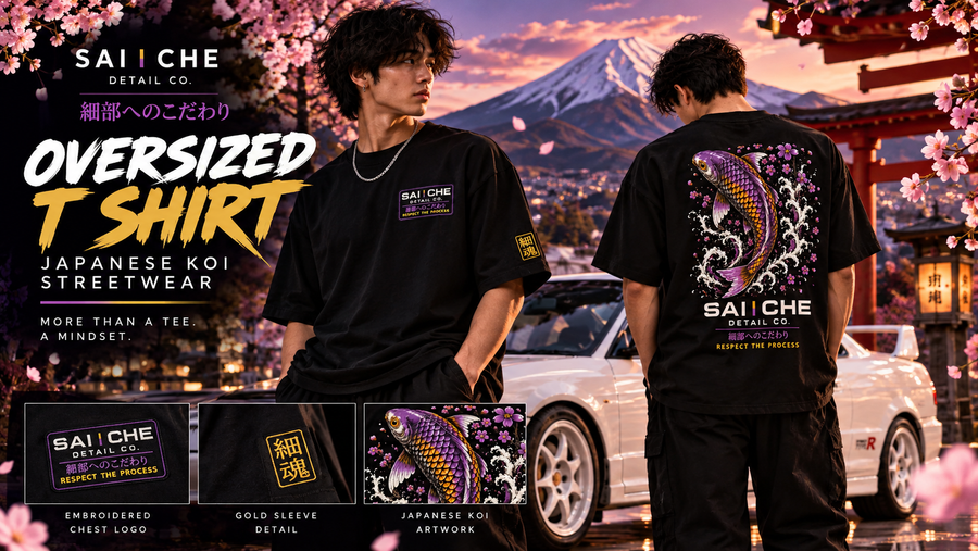 SAI CHE Koi oversized T shirt featuring Japanese-inspired purple and gold koi artwork, heavyweight streetwear design, and JDM car culture.