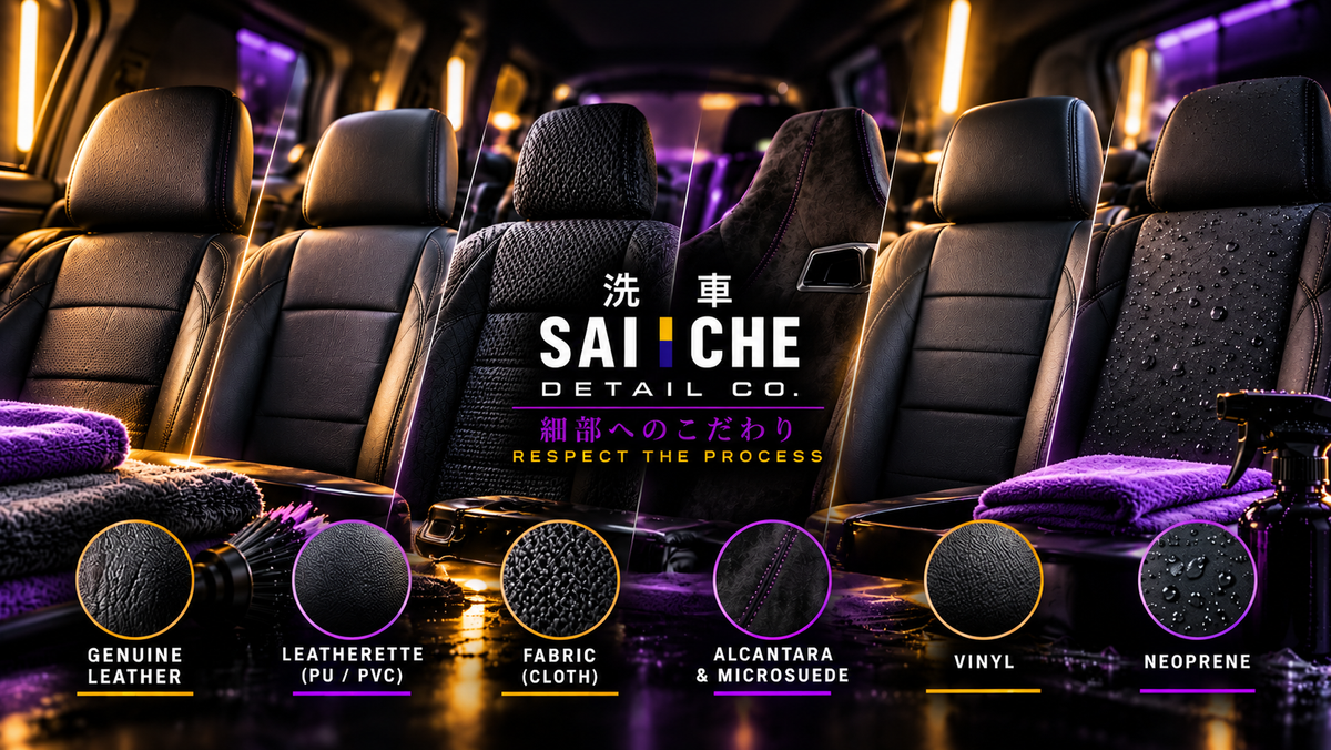 Six types of car seat materials including leather, leatherette, cloth, Alcantara, vinyl and neoprene with SAI CHE Detail Co. logo