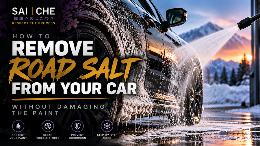 Winter road salt and grime being rinsed from a car's lower body panels during a safe vehicle washing process.