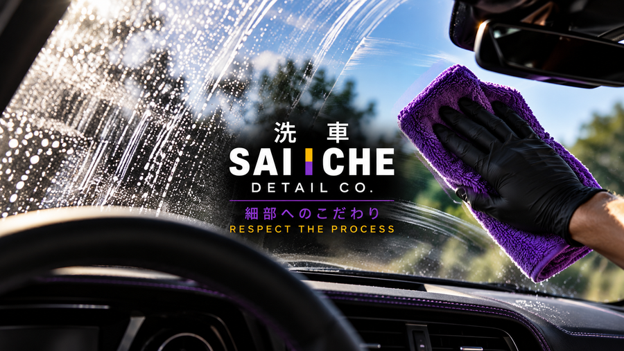 SAI CHE Detail Co. windshield cleaning with a purple microfiber towel, removing streaks and haze from car glass for a clear finish.