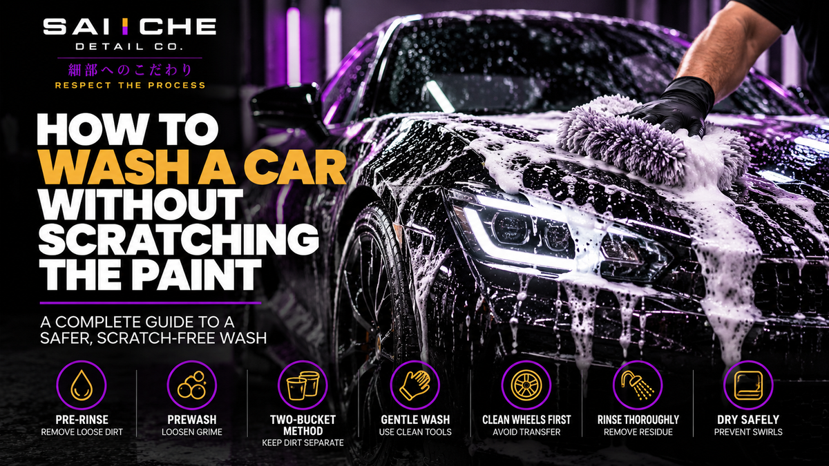 SAI CHE scratch-free car washing process using thick snow foam and a microfiber wash mitt to clean painted surfaces safely.