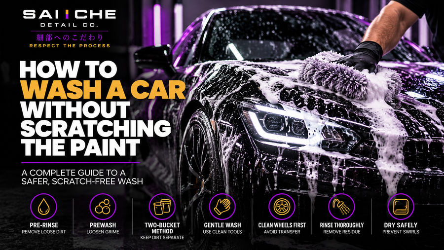 SAI CHE scratch-free car washing process using thick snow foam and a microfiber wash mitt to clean painted surfaces safely.