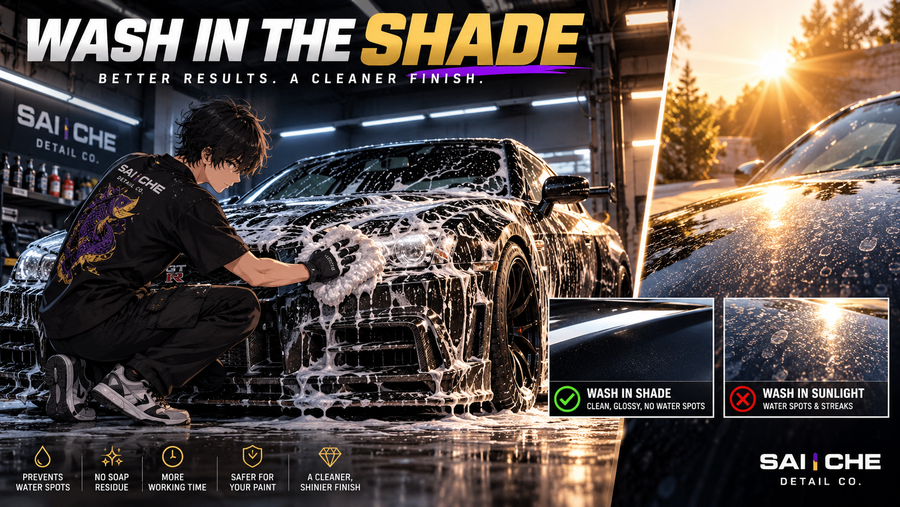 Why washing in direct sunlight causes water spots, soap residue, and streaks, and how washing in the shade delivers a cleaner, glossier finish.